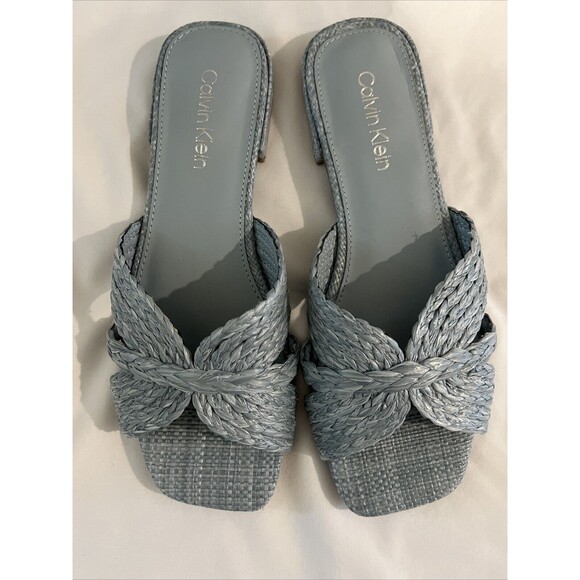 Calvin Klein Raffia Flat Sandals Powder Blue Size 7 - Picture 6 of 13